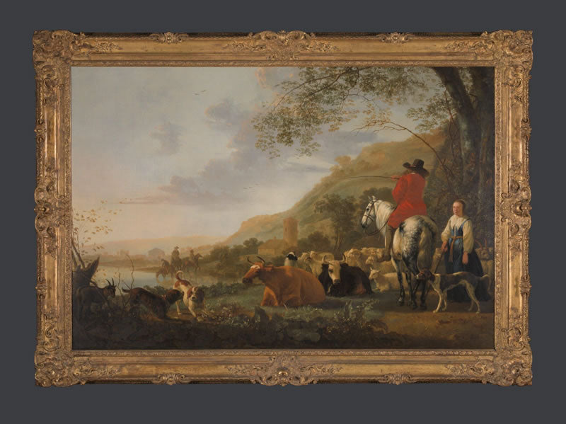 A Hilly River Landscape with a Horseman talking to a Shepherdess