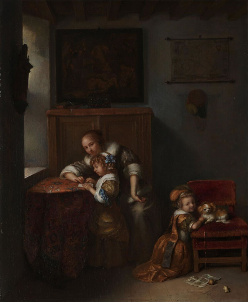 A Lady teaching a Child to read, and a Child playing with a Dog ('La Maîtresse d'école')