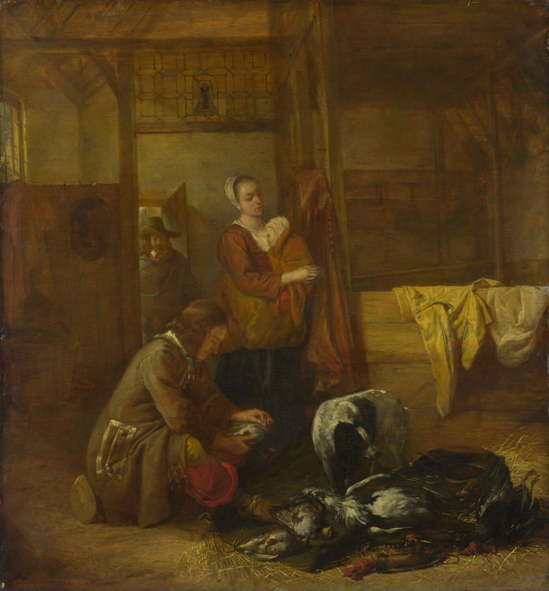 A Man with Dead Birds and Other Figures in a Stable