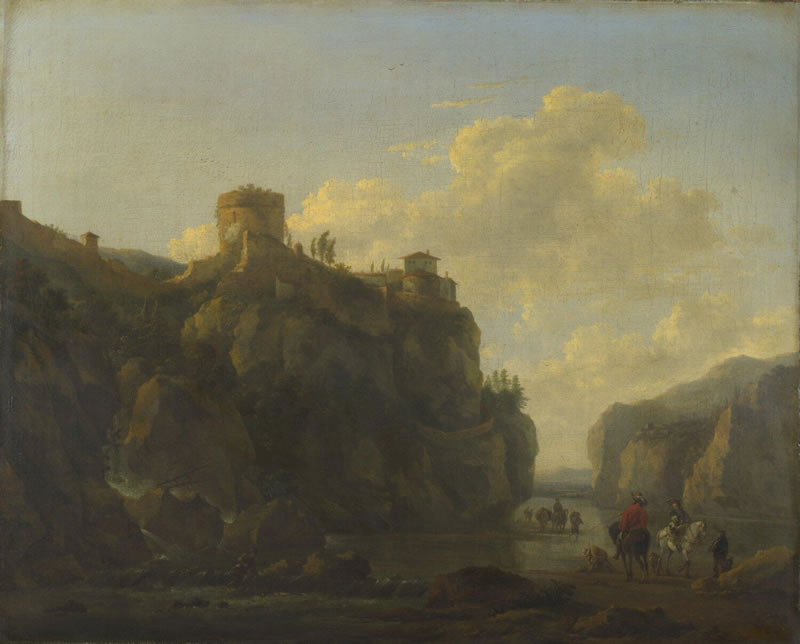 A River between Rocky Cliffs, with a Waterfall on the left