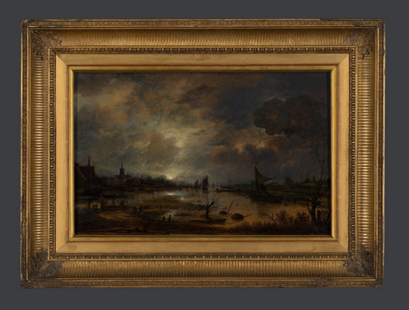 A River Near a Town by Moonlight