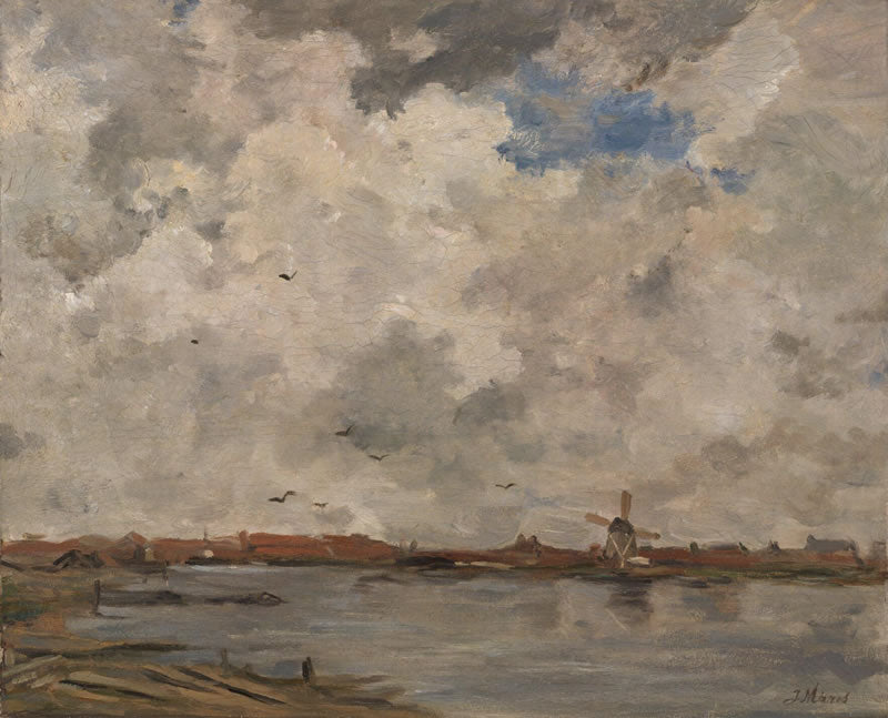 A Windmill and Houses beside Water: Stormy Sky