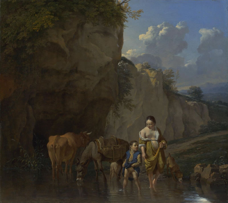 A Woman and a Boy with Animals at a Ford