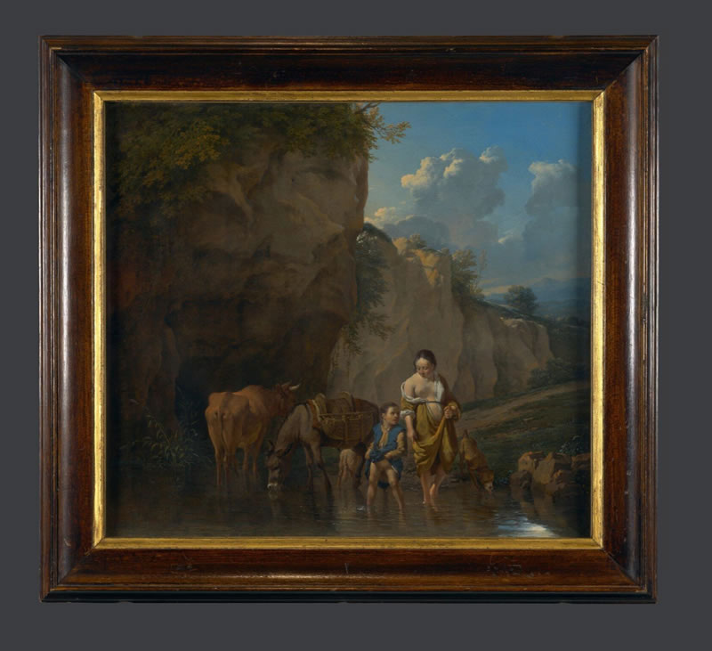 A Woman and a Boy with Animals at a Ford
