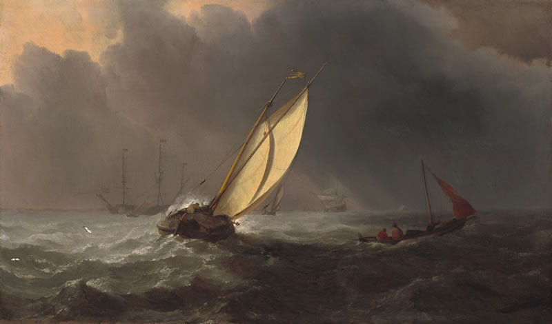 Sailing ship in a stormy sea with dark clouds and rough waters.