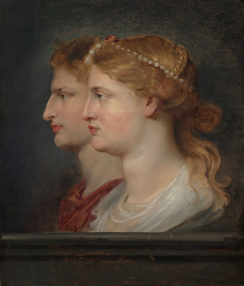 Portrait of two women in profile with detailed hair and clothing against a dark background