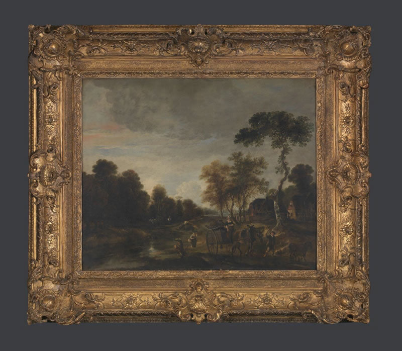 An Evening Landscape with a Horse and Cart by a Stream