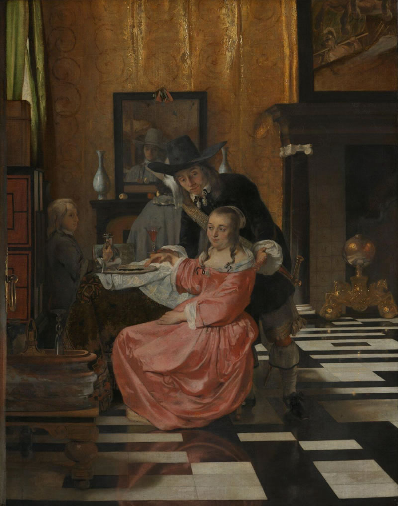 An Interior with a Woman Refusing a Glass of Wine