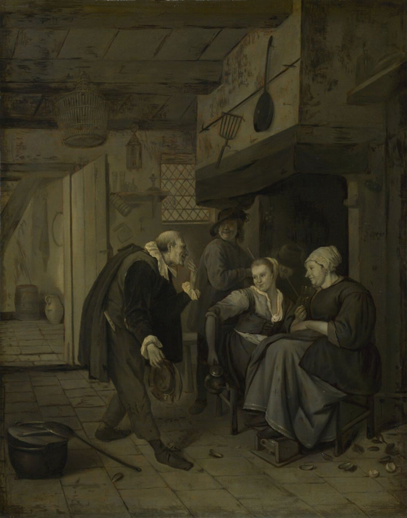 An Itinerant Musician Saluting Two Women in a Kitchen