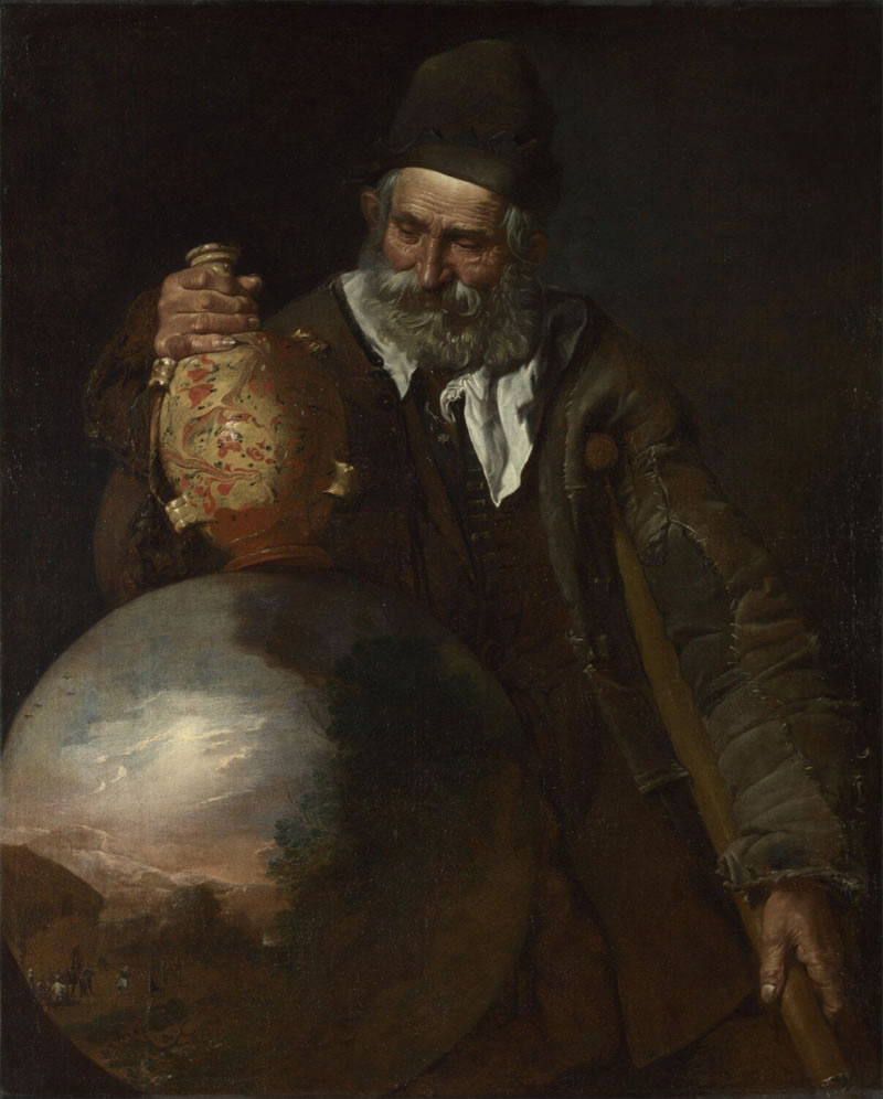 An Old Man Holding a Pilgrim Bottle