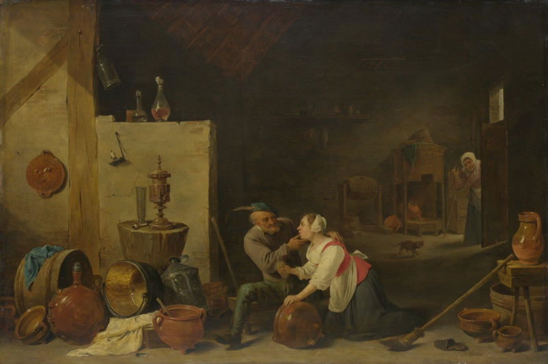 An Old Peasant caresses a Kitchen Maid in a Stable