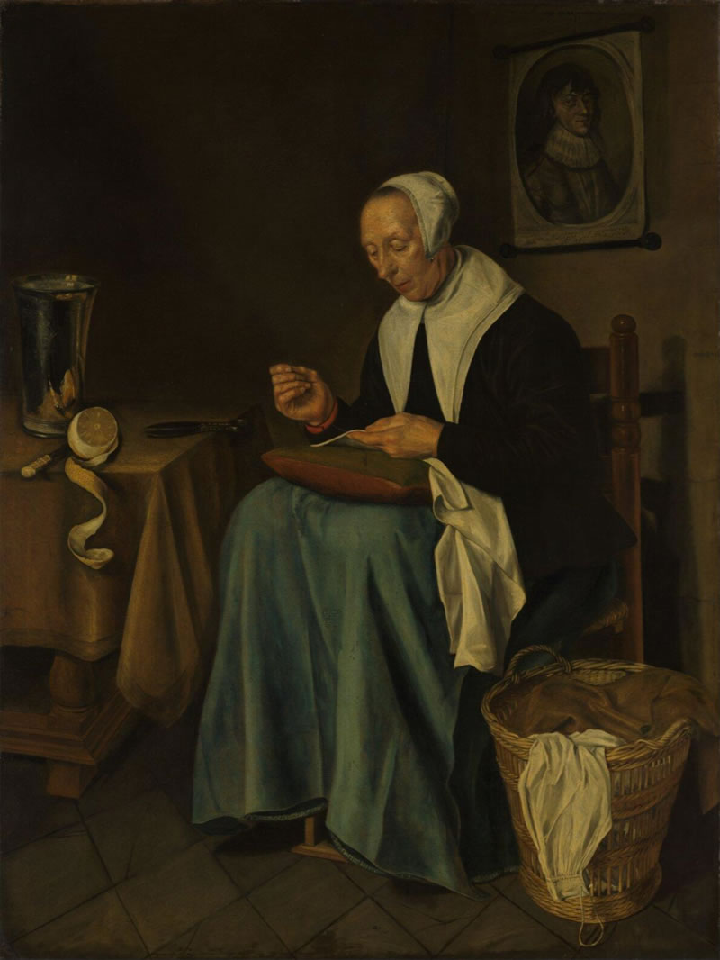 An Old Woman Seated Sewing