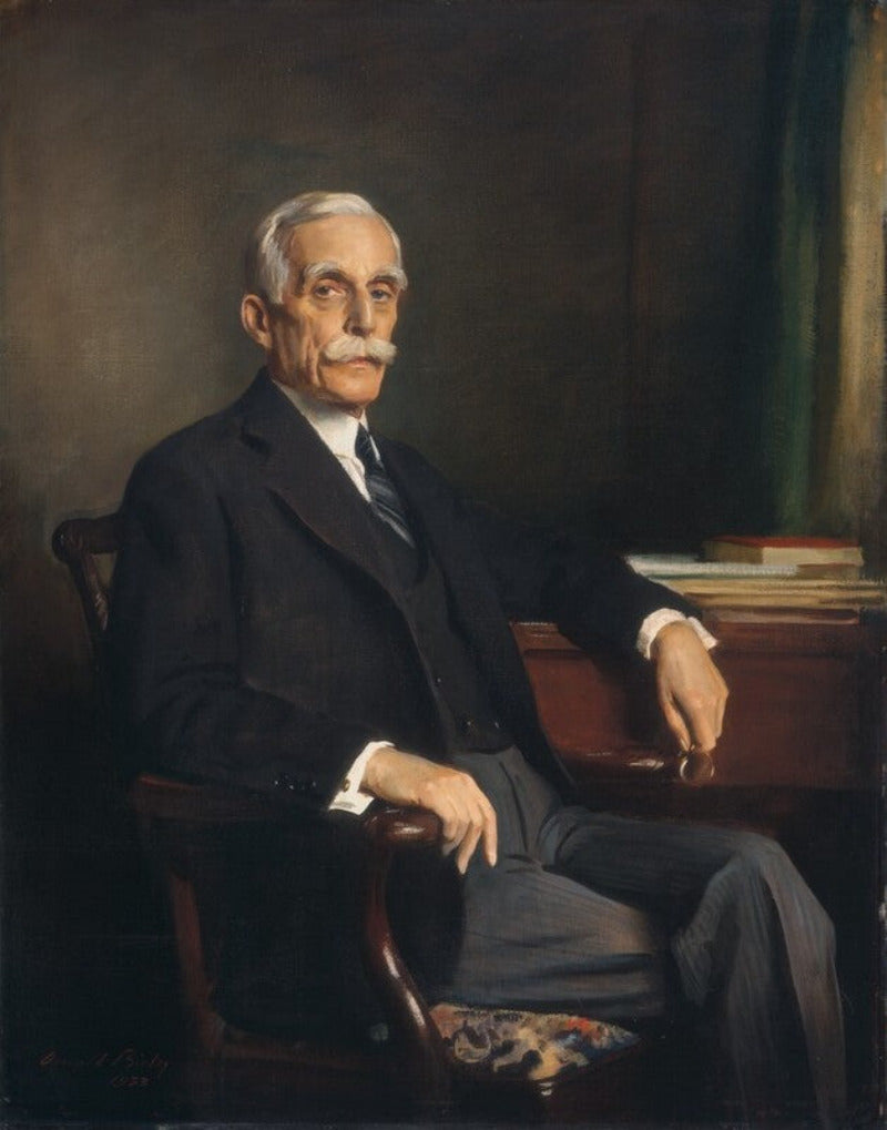 A classic oil painting portrait of an elderly gentleman with a white mustache, wearing a dark suit and striped tie, seated in a wooden armchair next to a desk.