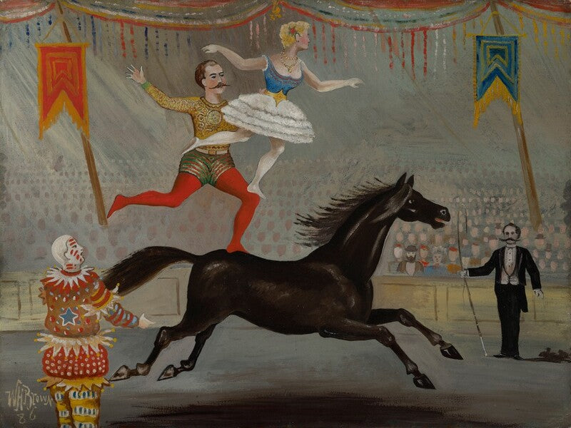 A vintage circus painting showing a black horse galloping across the ring, a male and female performer mid-routine, a clown on the left, and a ringmaster on the right, with banners and a seated audience in the background.