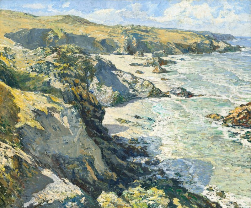 Impressionist landscape painting of a rocky coastal cliffside overlooking a sea with waves, rendered in soft brushstrokes of blue, green, beige, and gray.