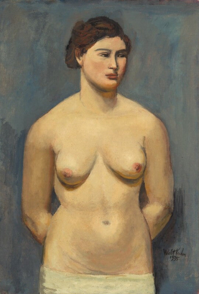 A painted portrait of a nude woman from the shoulders up, shown against a muted blue-gray background. The artwork appears to be the product itself rather than a photo of a physical object in a room, so this fits Scenery per the schema for art/prints where the depicted scene is the product.
