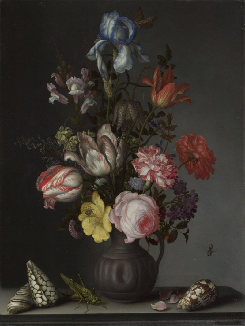 Flowers in a Vase with Shells and Insects