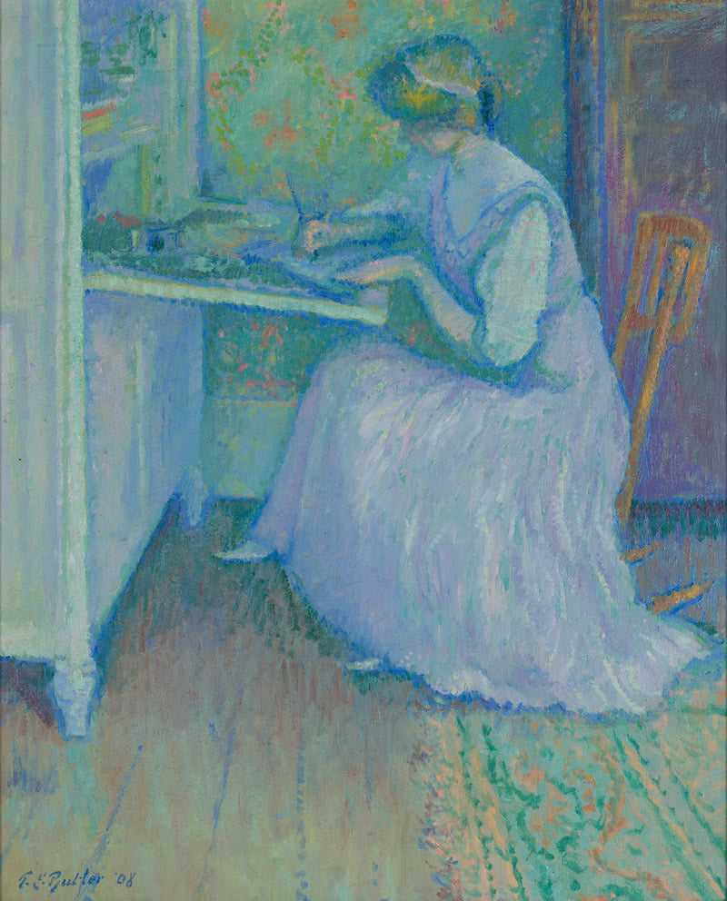 Girl in Lavender Seated at a Desk
