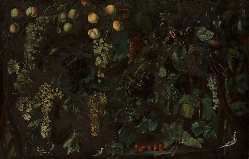 Grape Vines and Fruit, with Three Wagtails