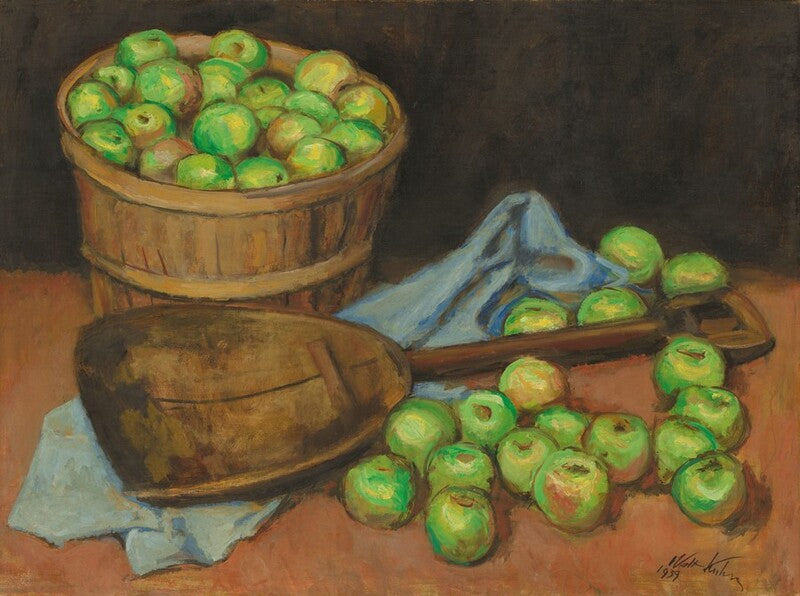 A still life painting depicting a wooden basket filled with green apples, additional apples scattered on a table, a blue cloth, and a wooden scoop against a dark brown background.