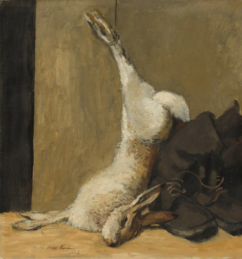 An oil painting depicting a white rabbit lying on its side with one hind leg raised, next to a dark coat, against a textured beige background.