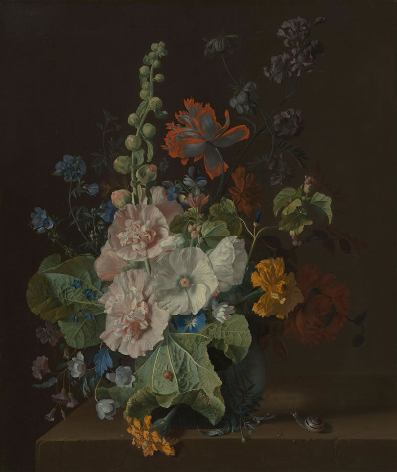 Hollyhocks and Other Flowers in a Vase