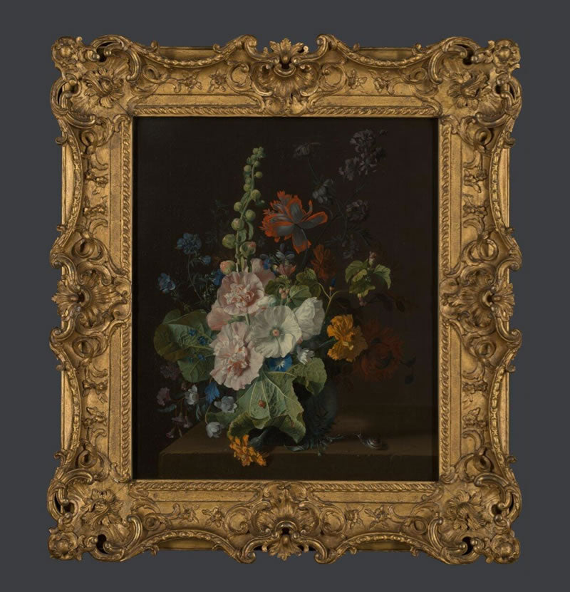 Hollyhocks and Other Flowers in a Vase
