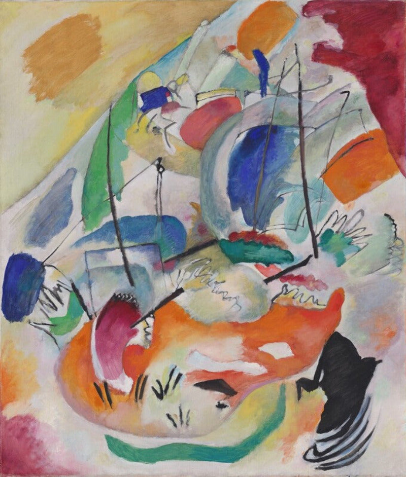 An abstract watercolor painting with expressive brushstrokes and gestural forms in orange, blue, green, pink, yellow, black, and red on a light ground.