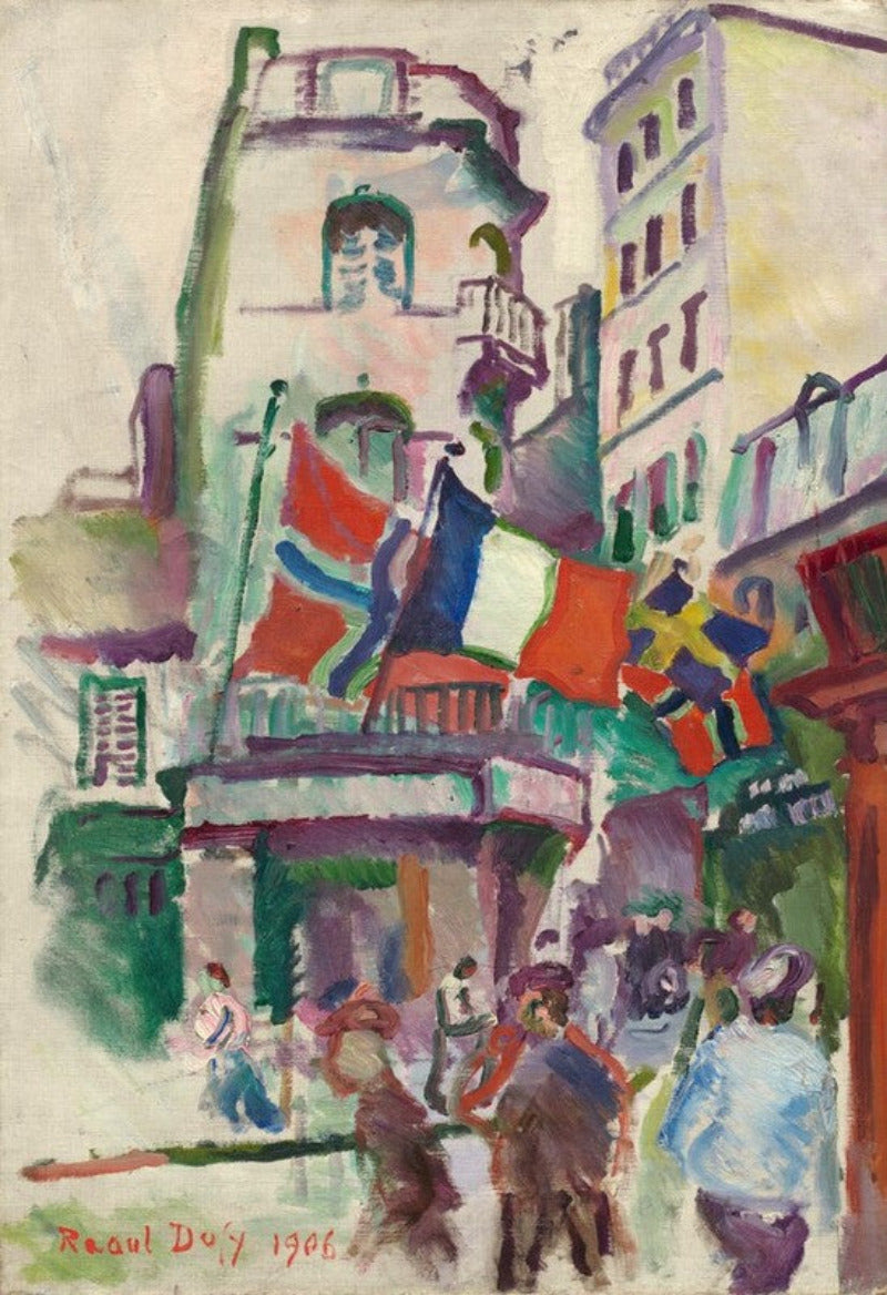 Impressionist-style painting of a street scene with buildings, hanging flags, and several people walking in the foreground, signed 'Raul Doy 1906' in the lower left.