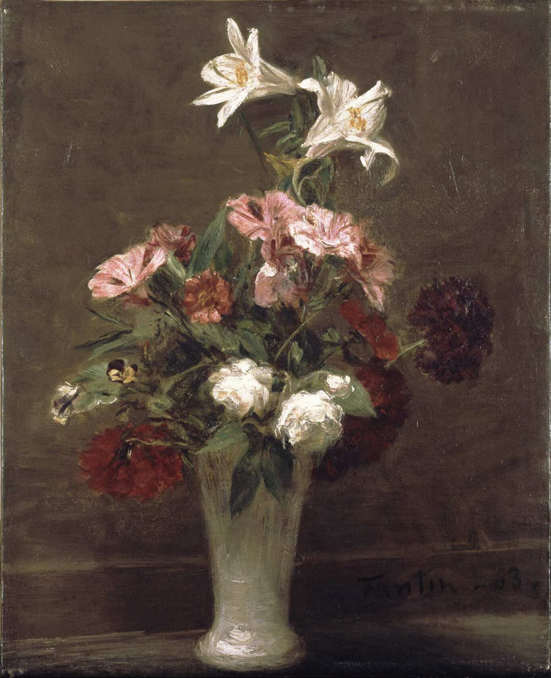 Lilies and Pelargoniums in a White Vase