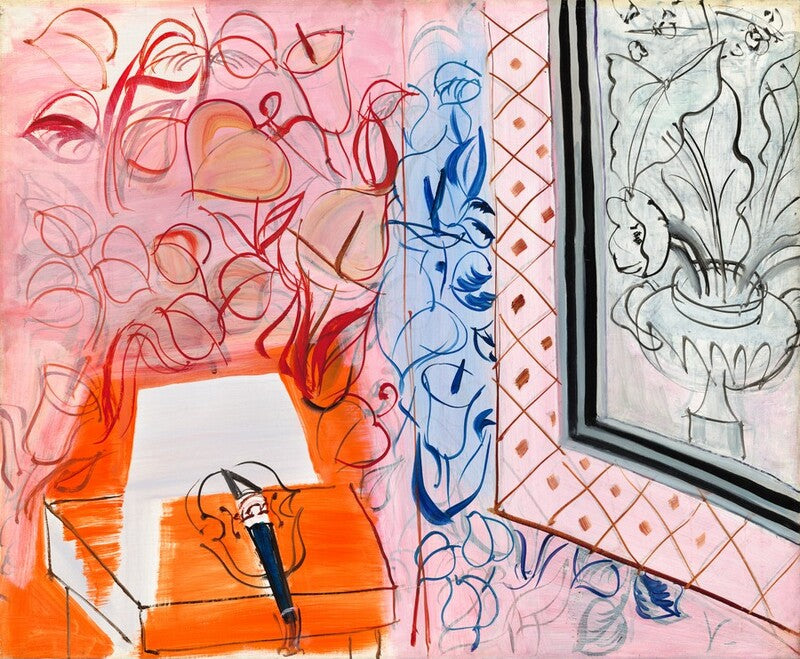 An abstract painting depicting a stylized interior scene with a pink and orange room, a blue patterned column, a black-framed mirror, and a vase with flowers on a table.