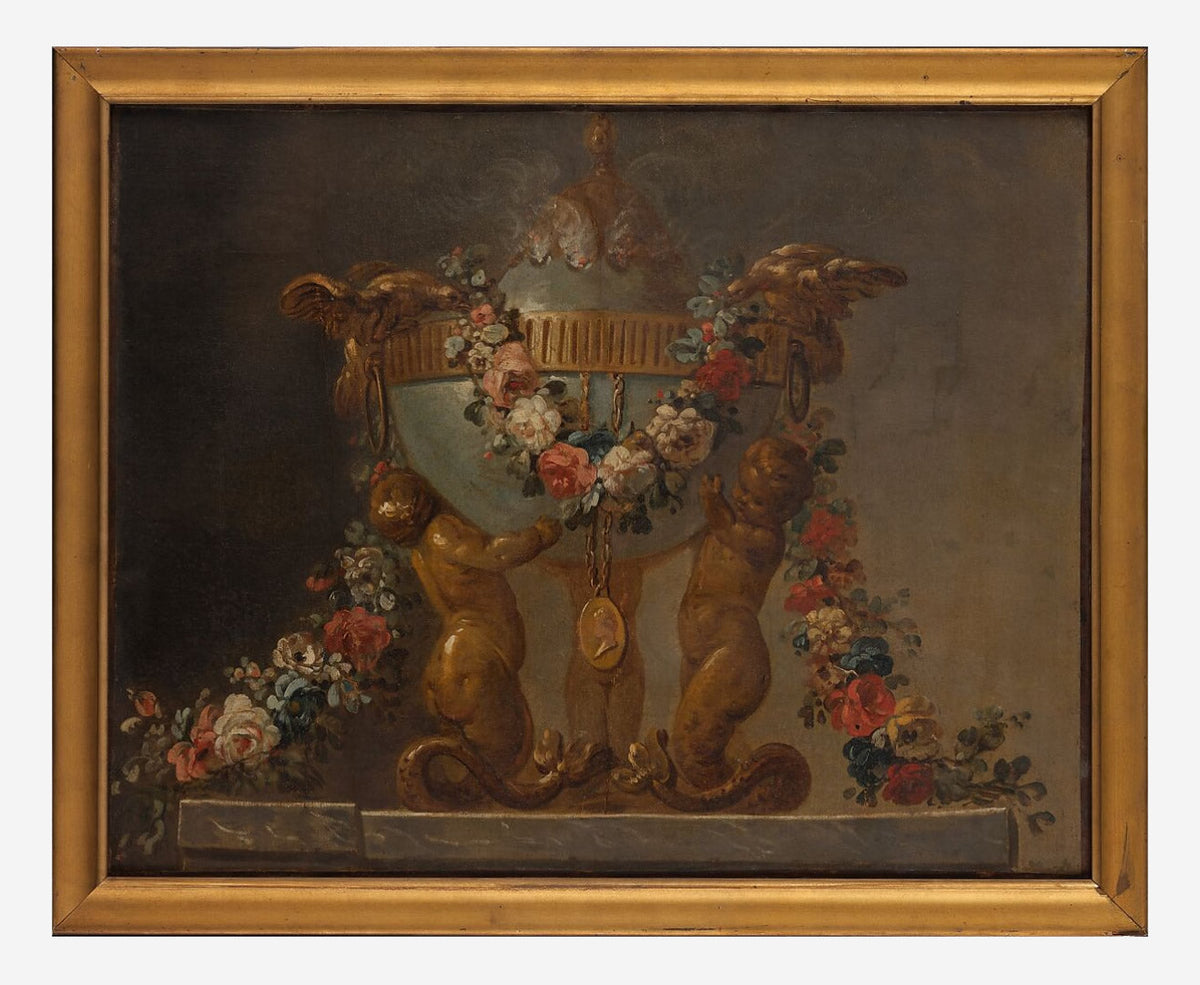 Perfume-burner supported by baby tritons and garlanded with flowers