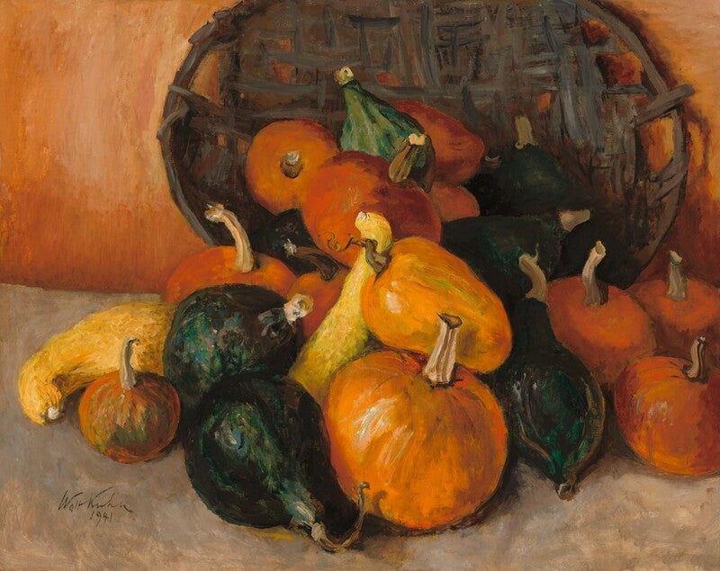 Still life painting of assorted pumpkins and gourds with a basket behind them, rendered in warm orange, brown, yellow, and dark green tones.