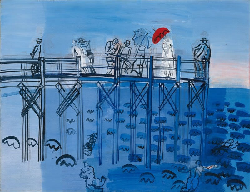 Artistic depiction of people on a platform with a red umbrella against a blue background