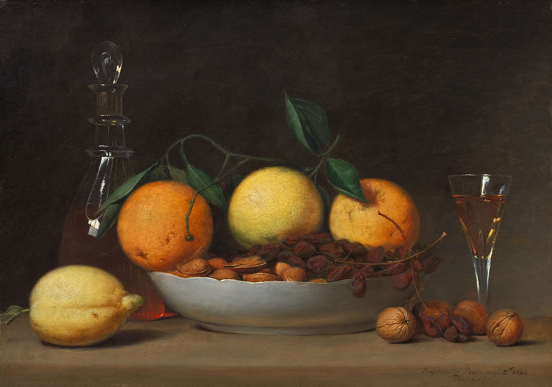 Still life painting with fruits, nuts, and a glass of wine on a dark background
