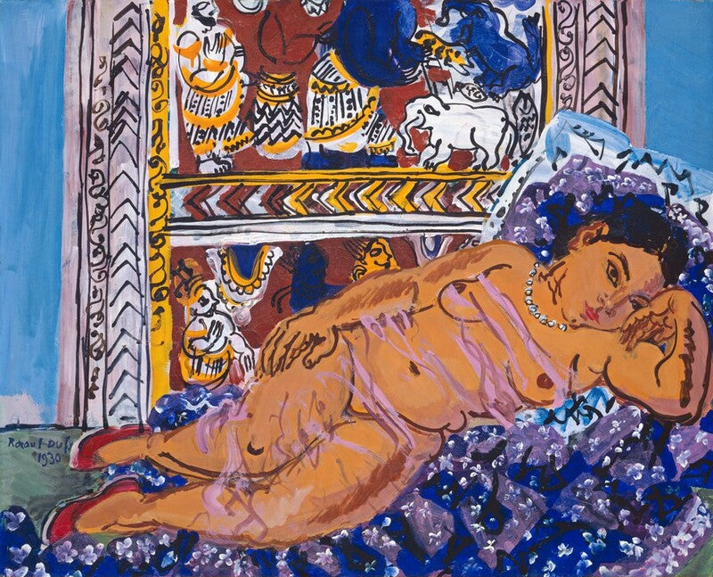 An expressive painting of a reclining nude figure in warm peach and orange tones, surrounded by vivid blue, purple, white, and yellow decorative patterns and figures in the background.