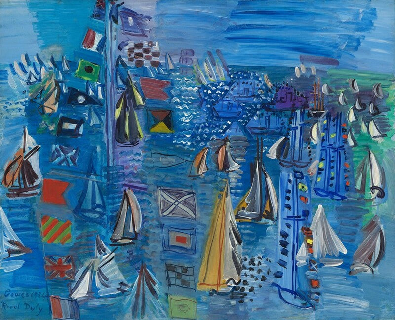 An expressive blue-toned painting depicting many sailboats on water, with bold brushstrokes and a dense composition of vessels and nautical flags.