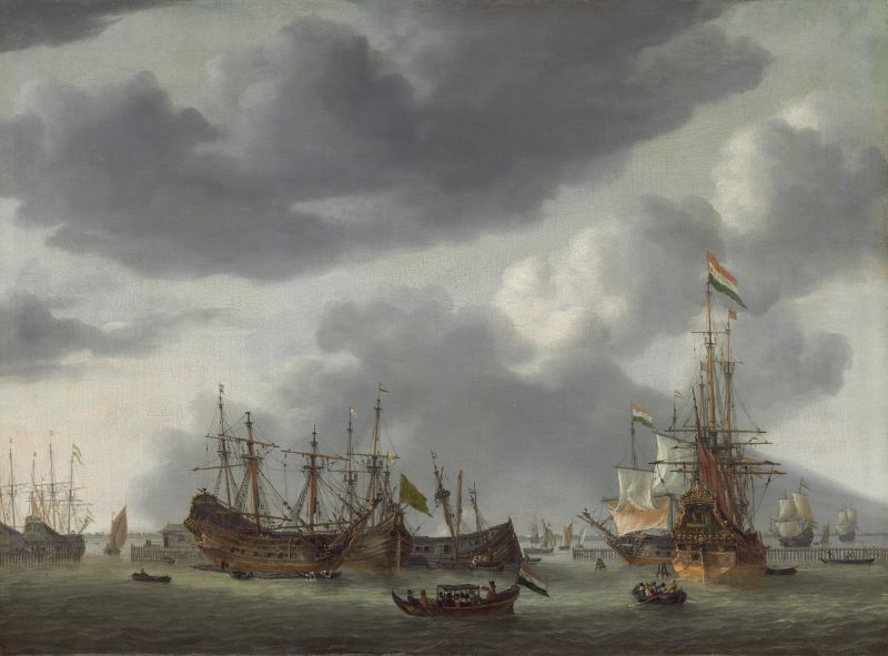Painting of a naval battle scene with ships on a stormy day