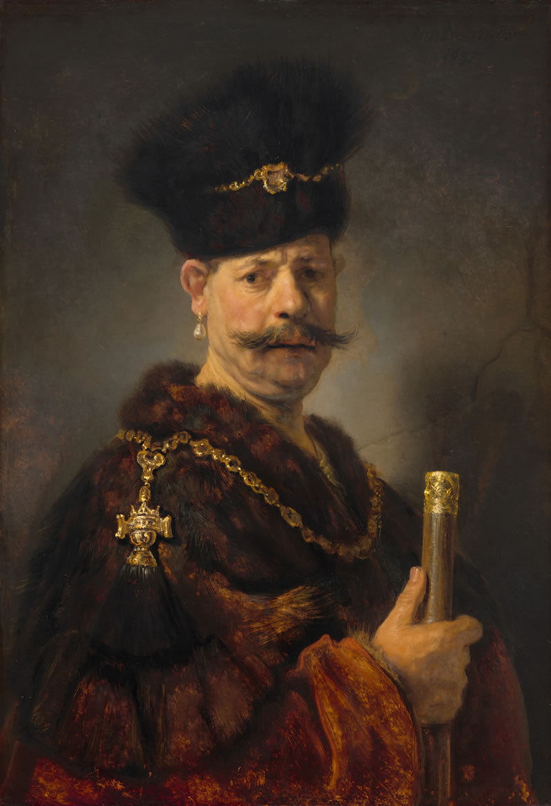 Portrait of a man in regal attire with a fur-lined robe and hat, holding a staff.