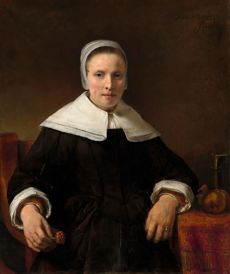 Portrait of a woman wearing a white headscarf and dark dress against a brown background