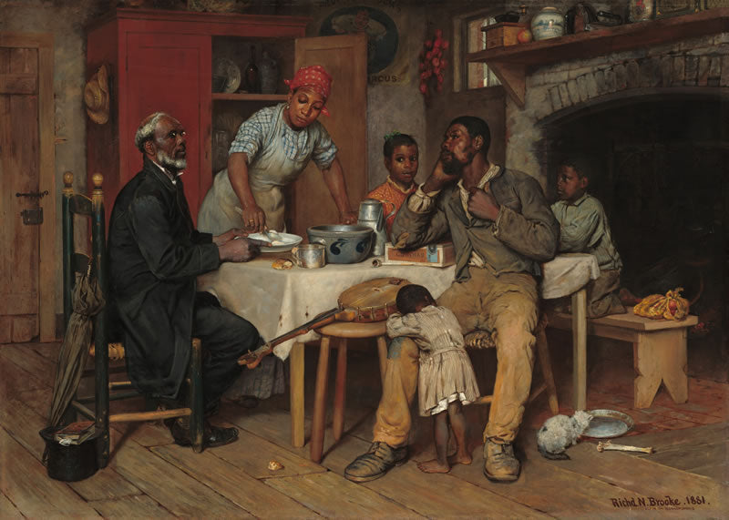 Painting of a group of people gathered around a table in a rustic room with a fireplace.