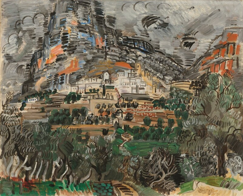 An impressionist landscape painting depicting a hillside village with trees, terraced fields, and dramatic gray clouds, rendered in expressive brushstrokes of green, gray, beige, orange, and black.