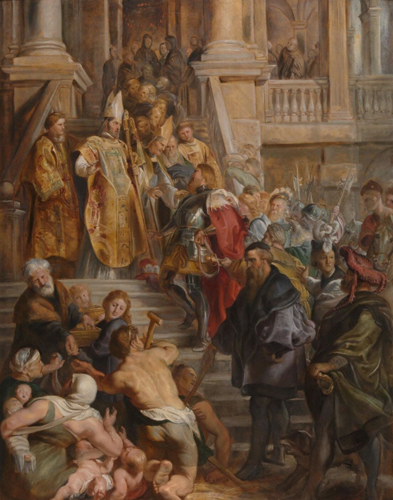 Saint Bavo is received by Saints Amand and Floribert