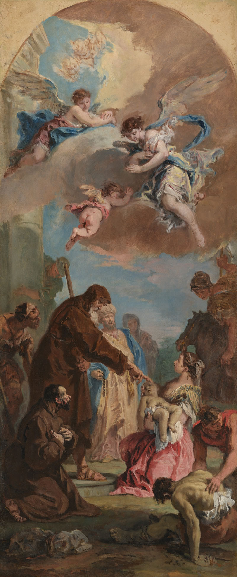 Baroque painting with religious figures and cherubs in an ornate setting
