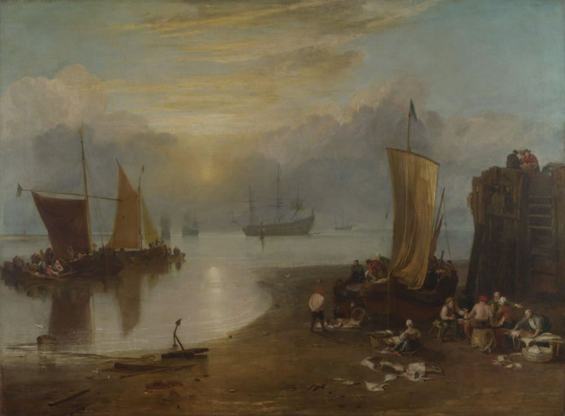 Sun rising through Vapour: Fishermen cleaning and selling Fish