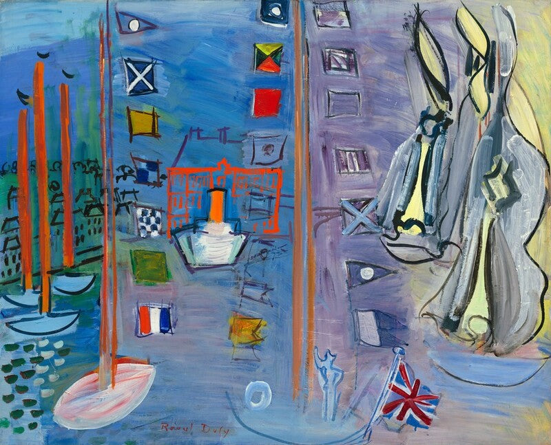 An abstract painting depicting a harbor or dock scene with boats, flags, buildings, and large rabbit-like figures in gray, cream, and yellow tones against blue, purple, and lavender backgrounds.