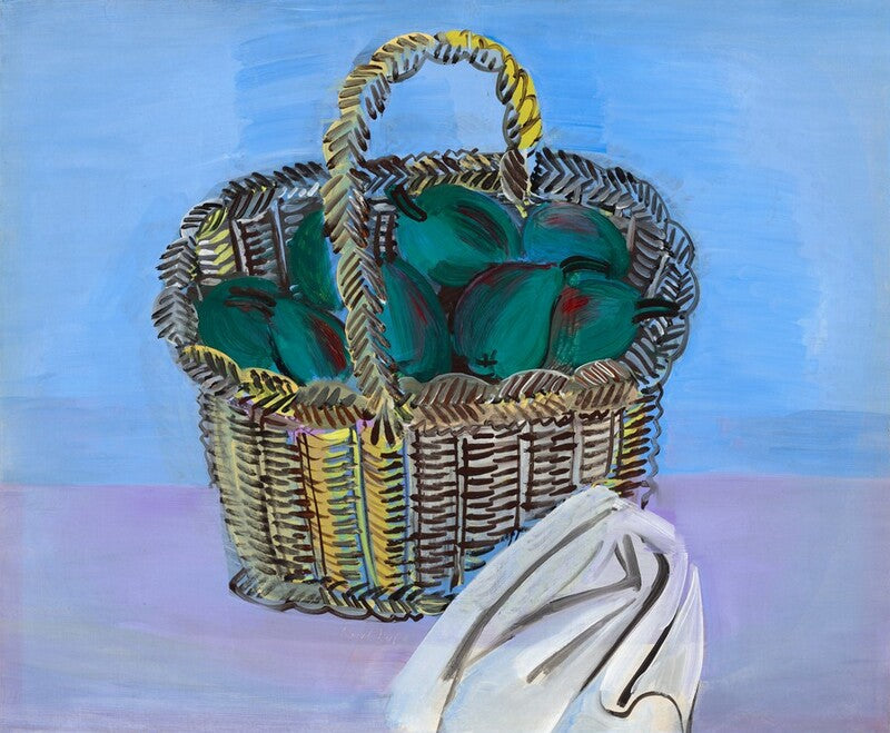 A painted still life showing a woven basket filled with green coconuts against a blue and lavender background, with a white cloth in the foreground.