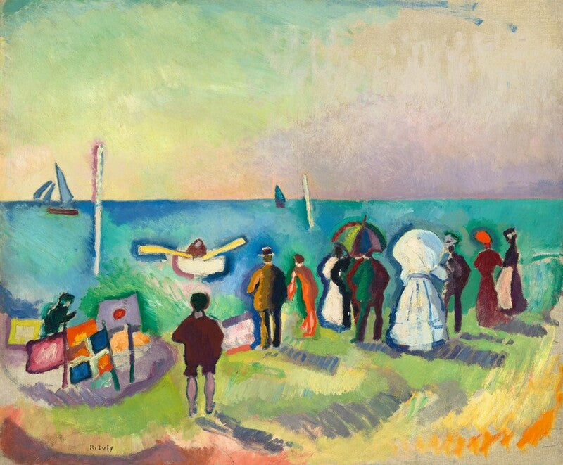 Impressionist-style painting of a seaside promenade with figures walking along the shore, a small boat on the water, and a pale sky above in soft pastel-like brushstrokes.