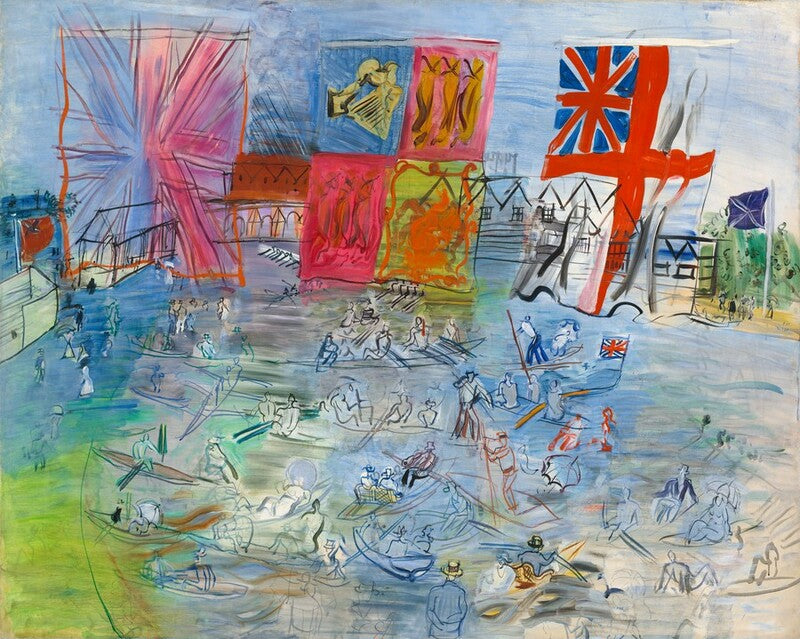Colorful abstract artwork with flags and figures on a beach scene