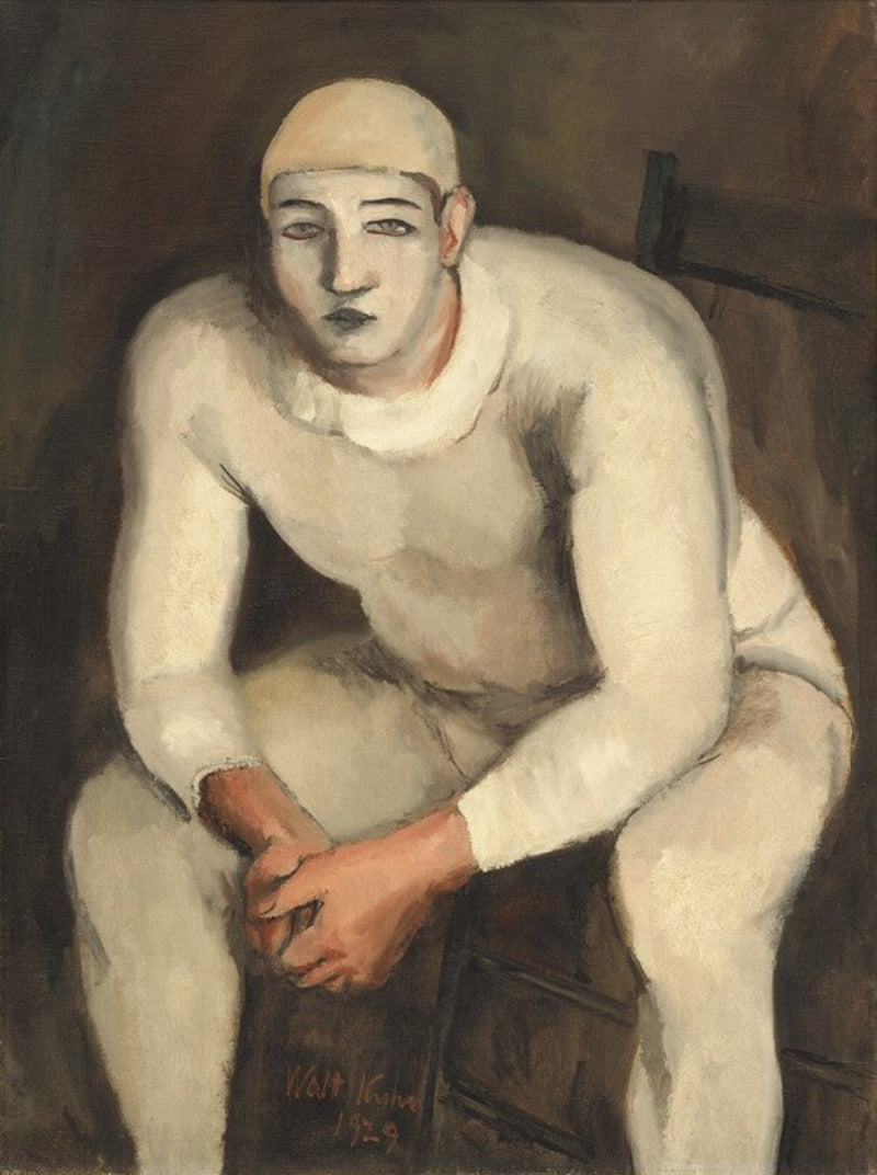 An expressionist painting of a seated nude male figure in a white or off-white bodysuit, rendered in muted beige, cream, brown, and gray tones. The figure is posed sitting with hands clasped, against a dark brown background with a chair visible behind him.